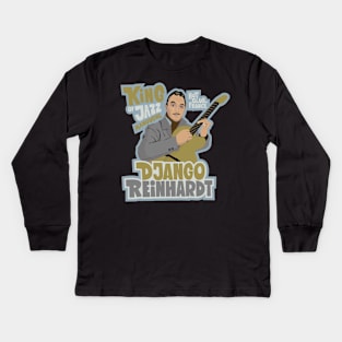 Django Reinhardt: A Jazz Guitar Legend Brought to Life with this Captivating Illustration. Kids Long Sleeve T-Shirt